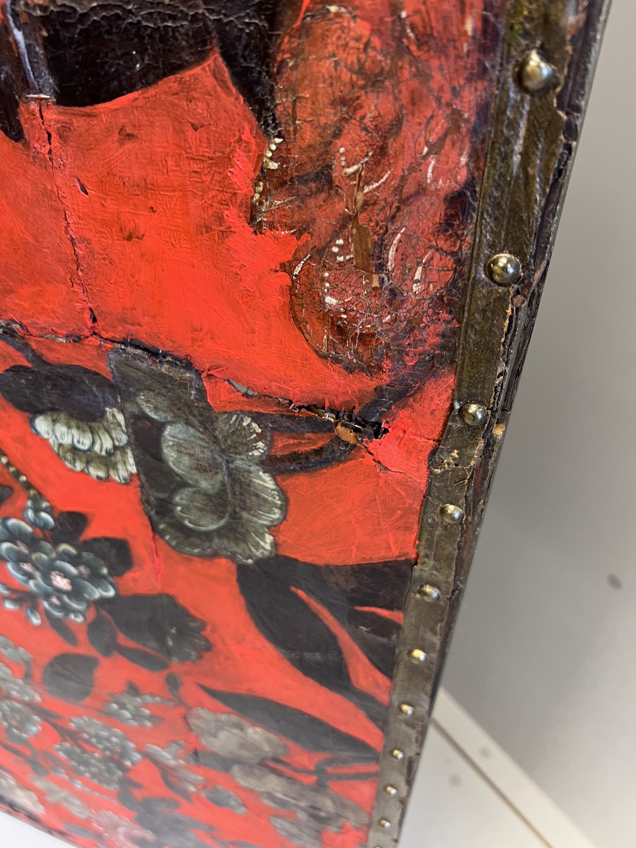 A 19th century Spanish leather three fold dressing screen re-painted by Ricardo Cinalli for the current owner, each panel width 57cm, height 175cm